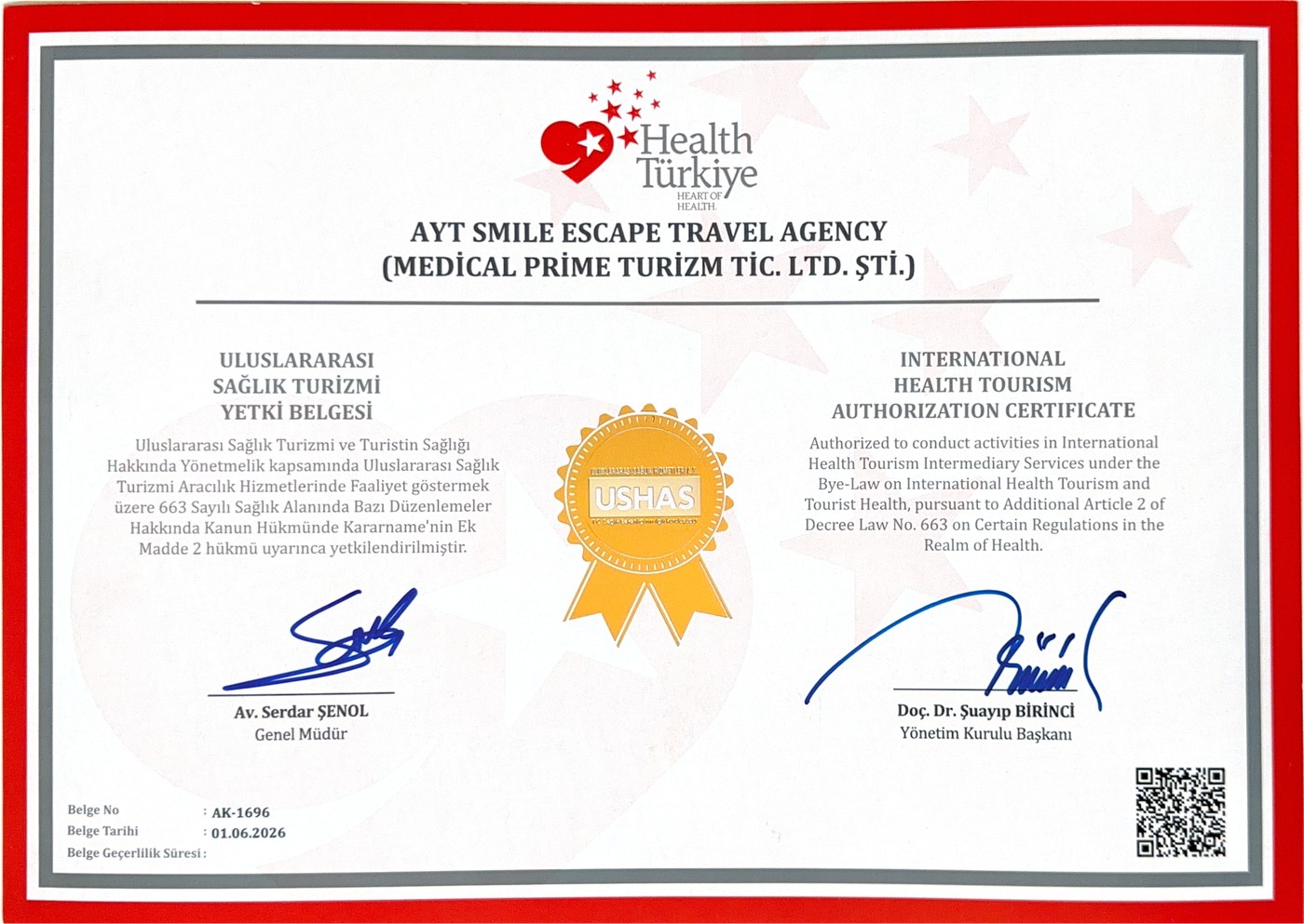 Uluslararası Sağlık Turizmi Yetki Belgesi – AYT Smile Escape Travel Agency